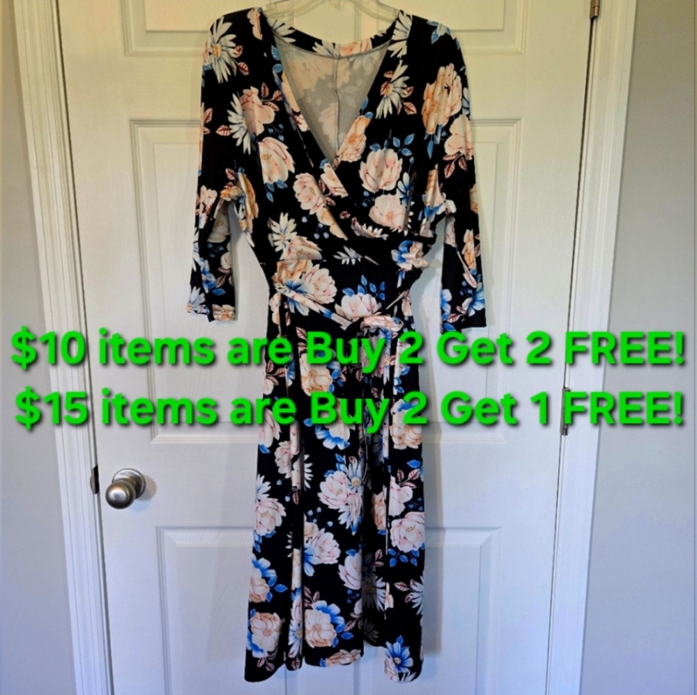 SUPER SOFT FLORAL FAUX WRAP A-LINE DRESS WITH TIE BELT